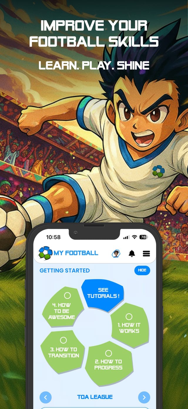 Improve your football skills. Learn. Play. Shine. An anime-style young player strikes a ball beside the My Football screen