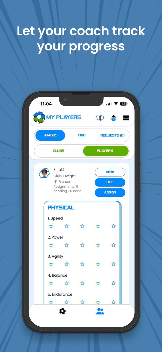 Let your coach track your progress. The coach My Players screen with a Physical scorecard