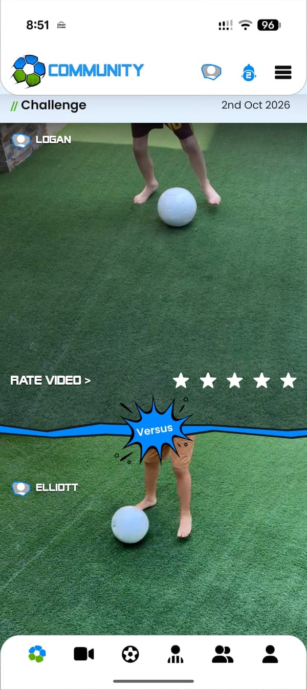 A head-to-head challenge in the Amigo Community feed: Logan versus Elliott, with a Rate video star bar