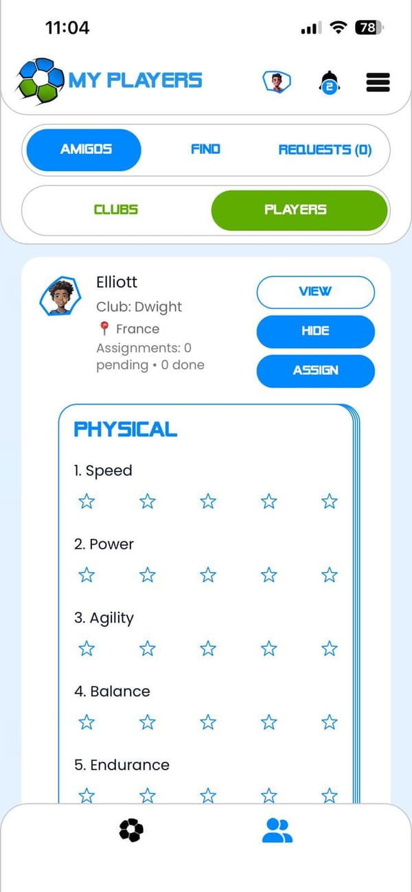 The coach’s My Players screen in Amigo, showing a connected player and a Physical scorecard rated with stars for speed, power, agility, balance and endurance
