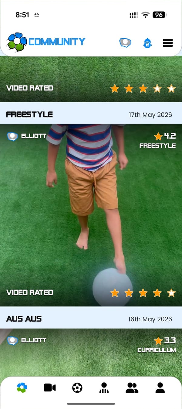 The Amigo Community feed: player videos with star ratings, including Elliott’s freestyle video rated 4.2 stars