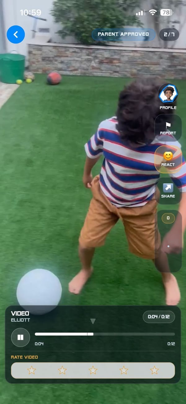 A player’s practice video playing full screen in Amigo, marked Parent approved, with a star rating bar at the bottom
