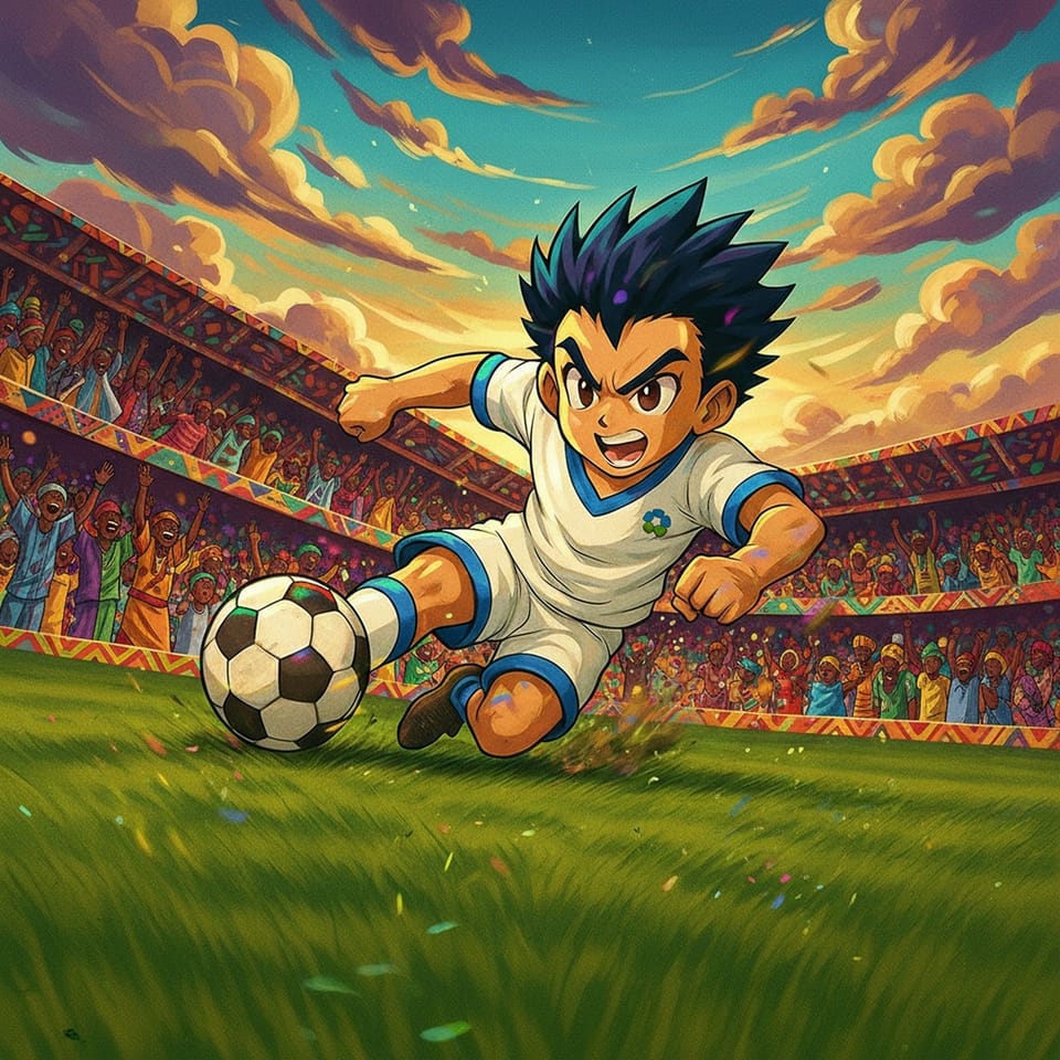 Anime-style illustration of a young Amigo player in a white and blue kit striking a football in a packed, colourful stadium